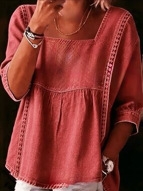 Astrid Babydoll Square-Neck Peasant Tunic in Dusty Rose Red With Trim XL NWT